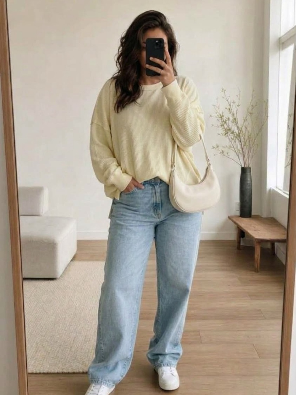 Offline by Aerie Cozy Waffle Knit Crewneck Sweater Butter Yellow Oversized XL